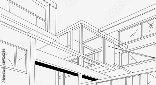 Abstract architectural line drawing of a modern building with geometric shapes and multiple levels, illustrating design and structure.