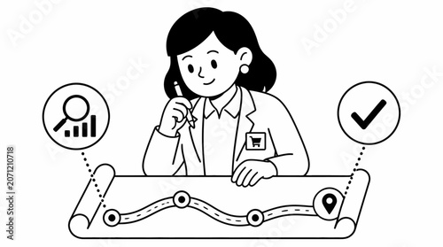 Female professional analyzing data on scroll with icons.