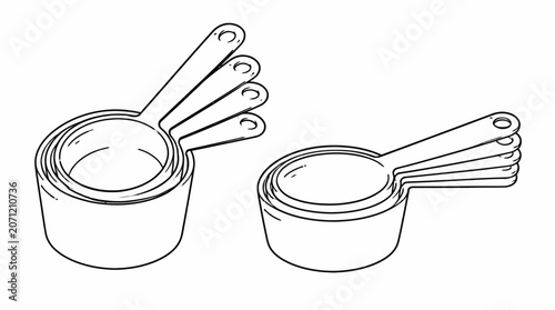 Nested measuring cups and spoons for cooking.