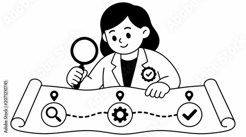 Female scientist examining detailed map with magnifying glass.