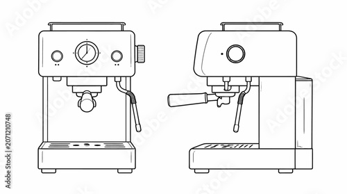 Modern espresso machine front and side views.