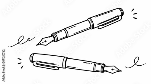 Two fountain pens with nibs and ink strokes illustration.