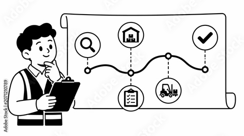 Businessman analyzing flowchart on clipboard.