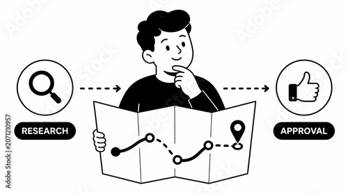 Man studying map with research and approval icons.