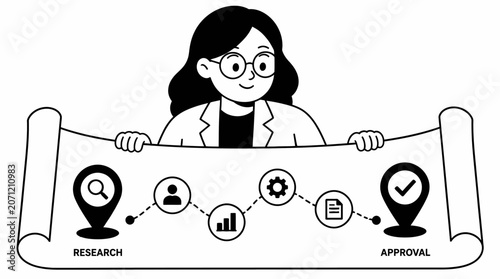 Scientist holding research and approval process diagram.