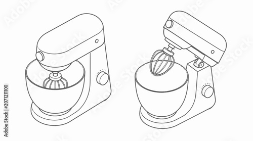 Two modern kitchen stand mixers with mixing bowls.