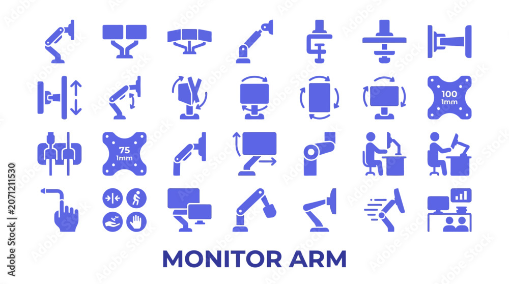 Fototapeta premium Blue ergonomic monitor arm and mount icon set.