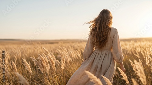 Woman in a beige linen dress with flowing hair seen from behind walking across a vast grassland at sunset, faceless back view with wide left copy space
