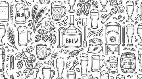 Tableau sur toile Hand-drawn seamless pattern of craft beer brewing elements and drinks