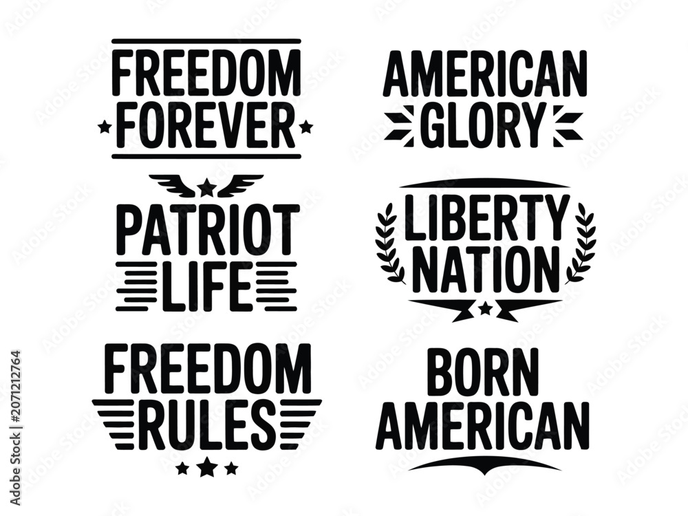 Obraz premium Patriotic american phrases and words with laurel wreaths stars and lines on white background