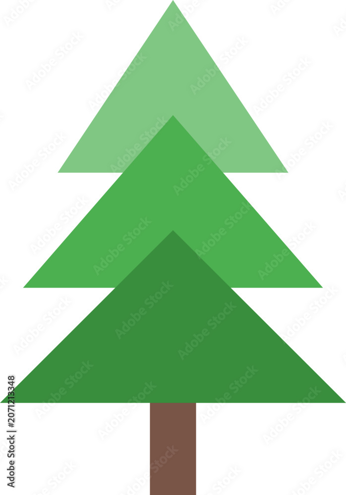 Obraz premium Simple minimalist geometric evergreen pine tree featuring three green tiered triangle shapes on a white illustration