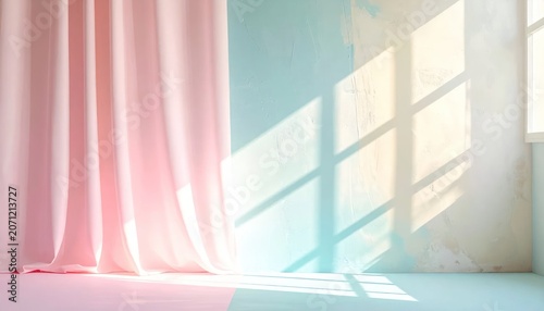 Soft Pink Curtain Draped Beside Sunlit Pastel Wall in Minimal Interior