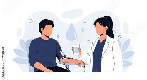 Doctor checking patient's blood pressure with modern flat illustration style, healthcare concept