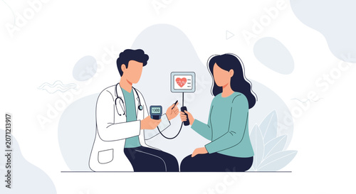 Doctor checking patient's blood pressure with monitor, healthcare concept illustration