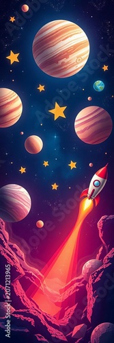 Planets, Stars, and Rockets in Whimsical Space Scene, Starry Night., Galactic Travel