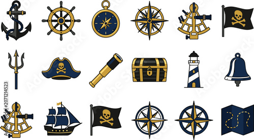 Konstfotografi Nautical Navigation and Pirate Adventure Vector Icon Set with Ship Wheel Anchor