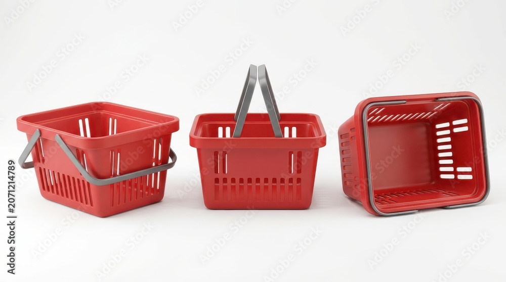 Fototapeta premium Three red plastic shopping baskets with grey handles, shown from different angles, isolated on white background