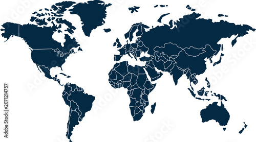 Dark Navy Blue World Map Vector with Country Borders Isolated on White Background