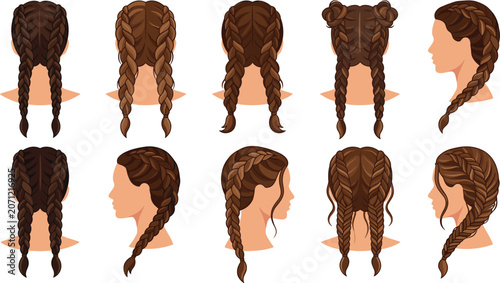 Braided Hairstyle Vector Icon Set with French Braids Dutch Braids Fishtail Braids and Pigtails for Hair Salons Beauty Branding and Fashion Graphics