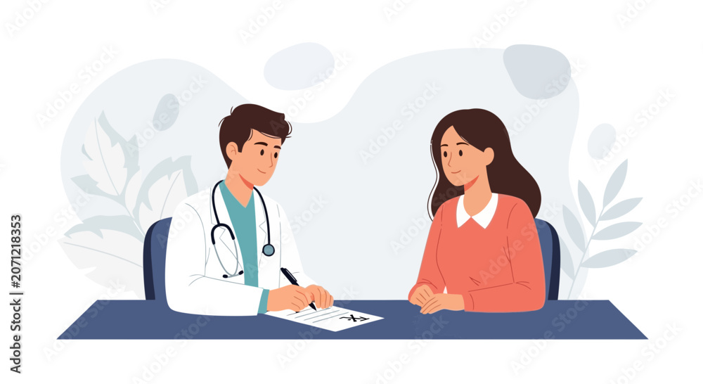 Fototapeta premium Doctor consulting patient, writing prescription, modern vector illustration for healthcare and medical concepts