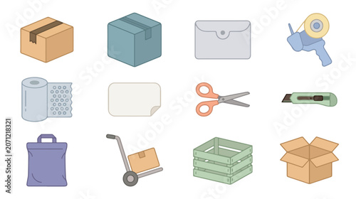 Parcel Delivery and Packaging Flat Vector Icons Collection Set