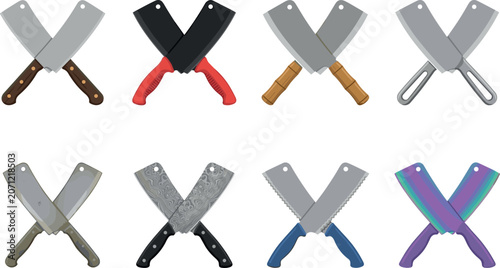 Foto Collection of crossed meat cleaver icons with different blades including damascu