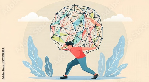 Man Carrying a Heavy Abstract Geometric Sphere Representing Mental Burden and Cognitive Load