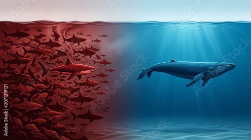 Whale swimming, school of fish, underwater scene, ocean wildlife, blue sea
