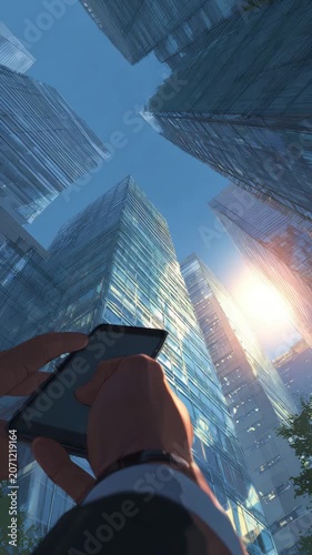 Business Professional Using Smartphone in Financial District

