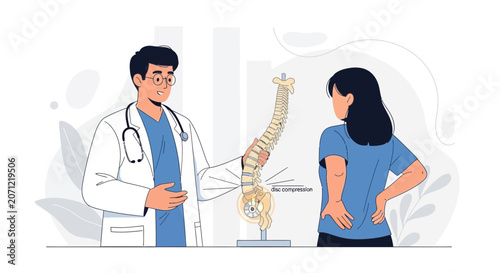 Doctor Consults Patient About Spinal Disc Compression and Back Pain with Anatomical Model