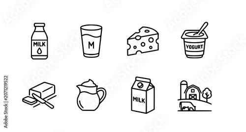 Minimal thin line dairy and milk products icon set collection with editable outline web symbols vector illustration isolated on white background