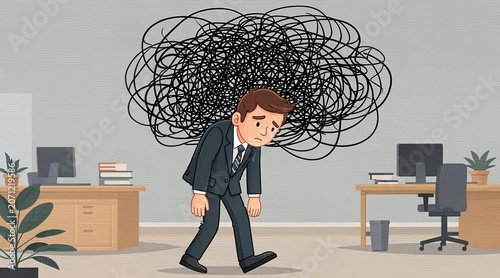 Stressed Businessman Walking with a Heavy Mental Burden of Chaotic Thoughts in an Office Setting