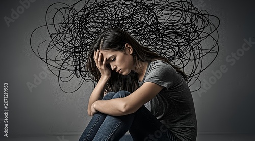 A Young Woman Struggling with Mental Health Issues and Anxiety Represented by a Scribbled Chaos Cloud