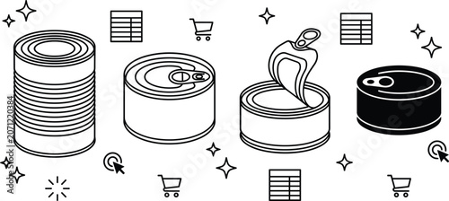 Canned Food Tin Can Icon Set with Grocery Shopping Elements for Website Designs,