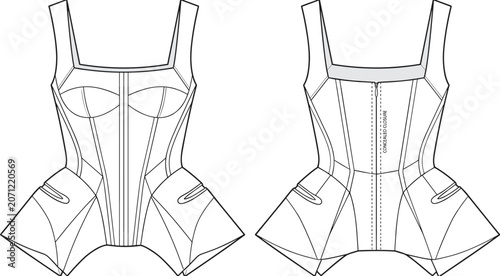 Fotografie Women's Structured Peplum Corset Top Technical Flat Sketch Front and Back Views