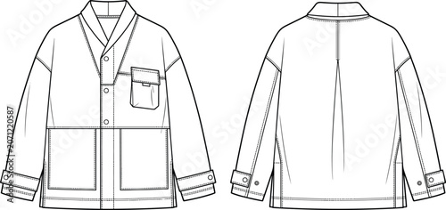 Фотография Women's Relaxed Fit Utility Jacket Technical Flat Sketch Front and Back Views