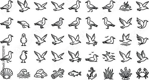 Obraz na płótnie Seagull Line Icon Set with Flying Birds Marine Life Anchors Waves Shells and Cra