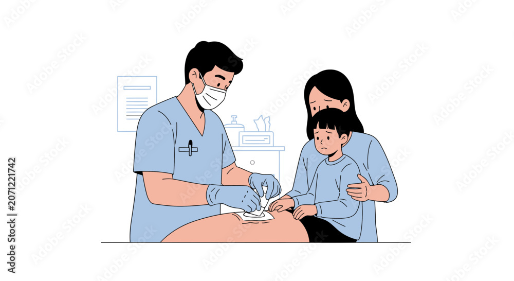 Fototapeta premium Doctor examining child with mother at clinic, medical care, illustration
