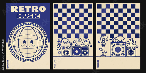 Retro music themed posters with cartoon faces and checkered backgrounds vector illustration vintage face pattern