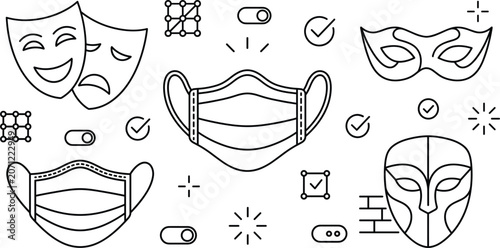 Bilde på lerret Medical Face Mask and Theater Carnival Mask Icon Set for Safety and Performance