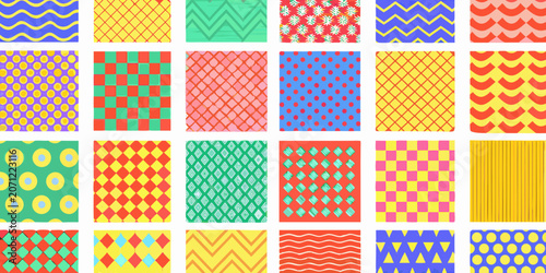 Geometric pattern collection with colorful squares circles and wavy lines on a white background abstract