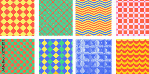 Geometric pattern collection featuring diamonds chevrons dots and waves in vibrant colors abstract design shapes