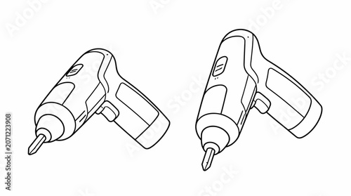 Two cordless power drills in black and white line art.
