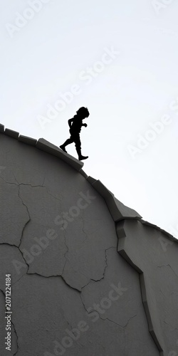 Cracked wall stretches along the ground, with a dark silhouette resembling a child in mid-step, daytime, worn down
