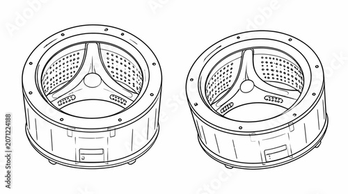 Industrial washing machine drum components technical drawing.