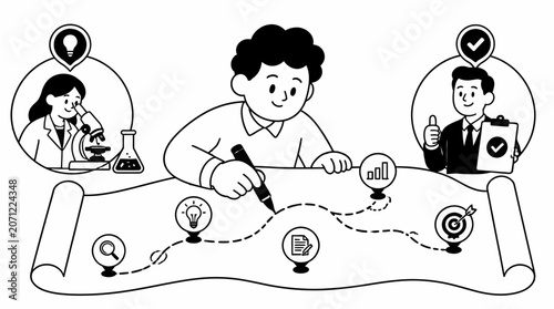 Person drawing a detailed roadmap with icons and symbols.