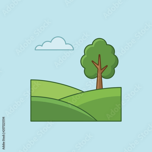 Minimalist flat vector illustration of green hills and a tree