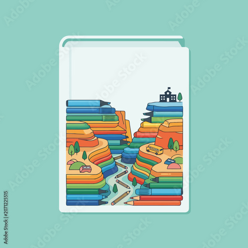 A colorful landscape made of stacked school supplies inside a book