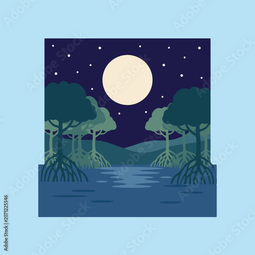 A full moon shines over a quiet mangrove forest