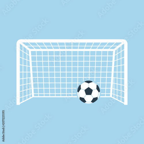 A soccer ball sits inside a white goal net on a blue background